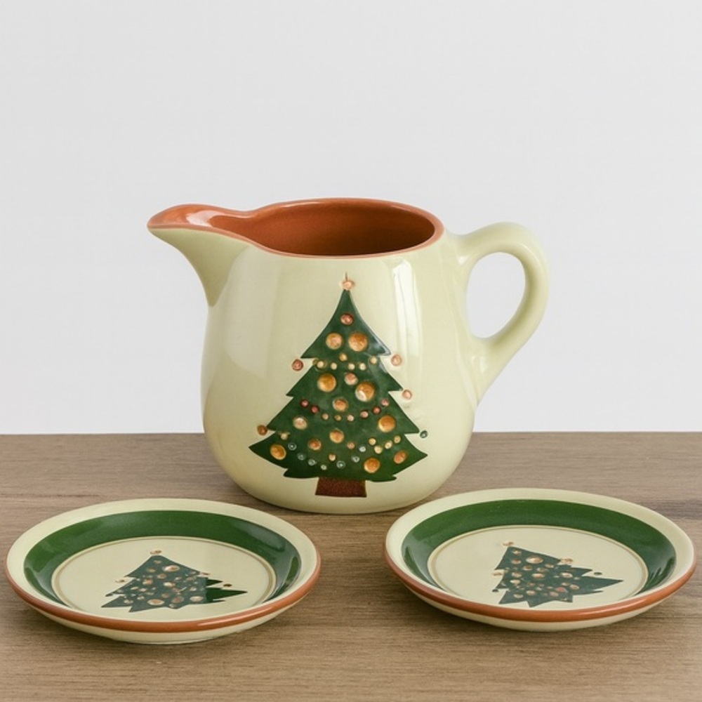 Vintage Stangl Pottery Christmas Tree Set – Pitcher + Plates – Hand Painted USA